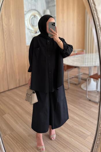Ka Hijab Oversize Shirt with Pocket Detail - Black