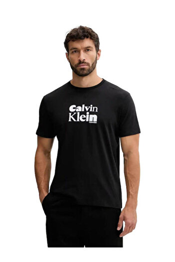 Calvin Klein Men's Regular Fit Chest Logo Printed Round Neck Short Sleeve Cotton Black T-Shirt Lv04Rd820G-Ub1