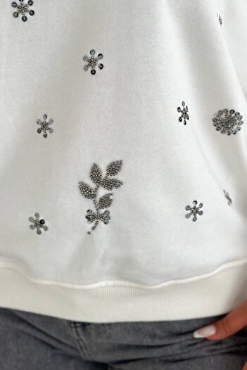FEMELLE 100% Cotton Sweatshirt with White Beads and Sequins Embroidery