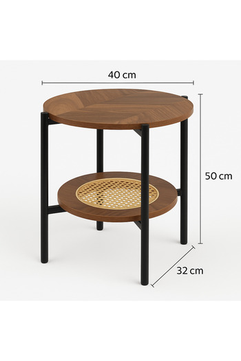 TSUMAB Round Wooden Side Table with Cane Shelf – Modern 2-Tier Design