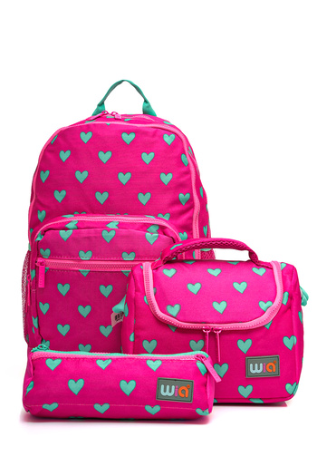 Wia Original Waterproof Heart Patterned Girl's 3-Piece School Bag Set - School, Backpack, Laptop Bag