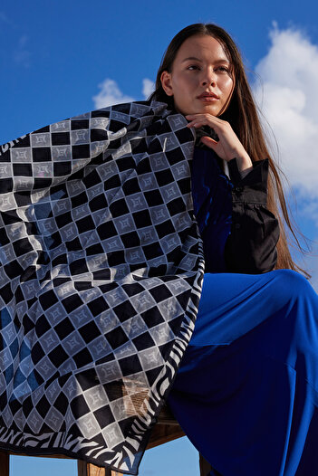 FENZA SCARF Sapphire Gray Logo Pattern Cotton Silk Shawl