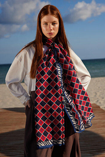 FENZA SCARF Sapphire Red Logo Pattern Cotton Silk Shawl