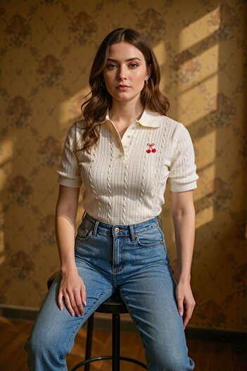 BELLA NOTTE Ecru Cherry Embroidered Seasonal Knit Blouse