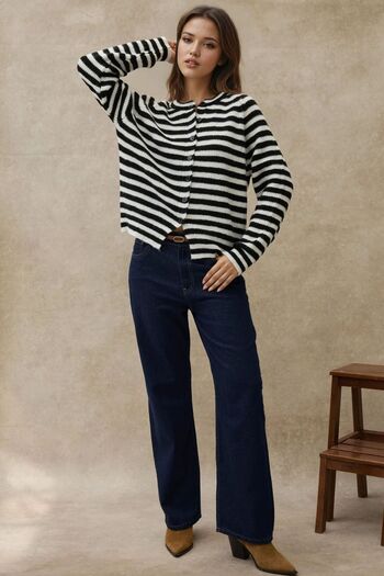 Hiccup Round Neck Striped Soft Knitwear Cardigan