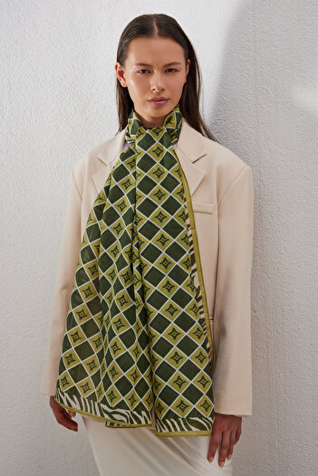 FENZA SCARF Sapphire Green Logo Pattern Cotton Silk Shawl