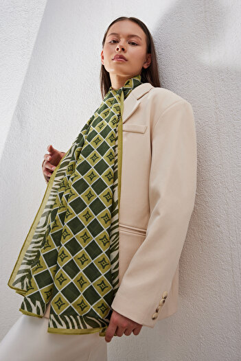 FENZA SCARF Sapphire Green Logo Pattern Cotton Silk Shawl
