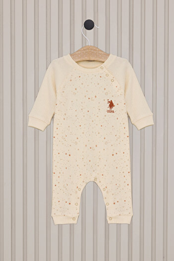 U.S. Polo Assn. Baby Girl Cream Patchwork Sky Patterned Ribbed 100% Cotton Romper 50322803-Vr071
