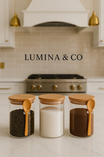 LUMİNA 3-Piece Glass Jar with Lid and Spoon – Bamboo Lid Spice Jar / Storage Container
