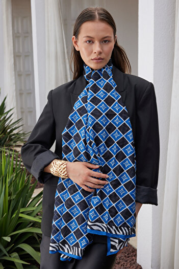 FENZA SCARF Sapphire Blue Logo Patterned Cotton Silk Shawl