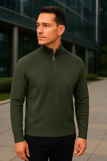 Maccali Men's High Neck Zippered Khaki Sweatshirt Knitwear Sweater