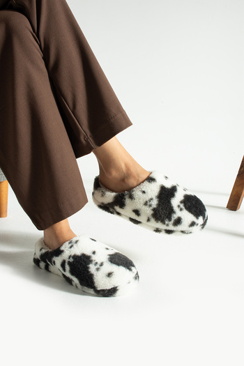 Moda Devrin White Black Variegated Wool Winter Non-Slip Silent Slippers (Washable)