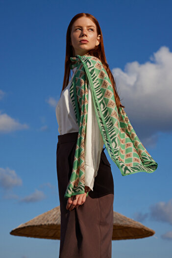 FENZA SCARF Sapphire Mint Green Logo Pattern Cotton Silk Shawl