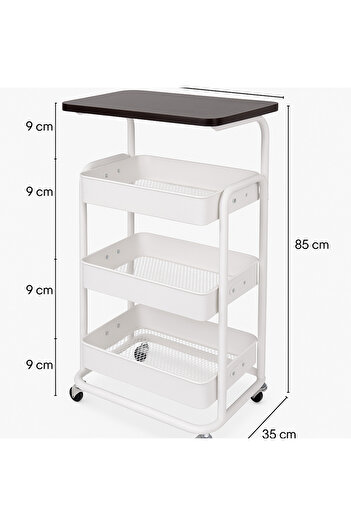 TSUMAB 3-Tier Metal Storage Trolley with Wooden Top – Multi-Purpose Utility Cart