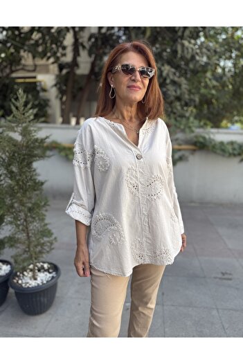 DenizEge Italian Single Button Embroidered Shirt Beige