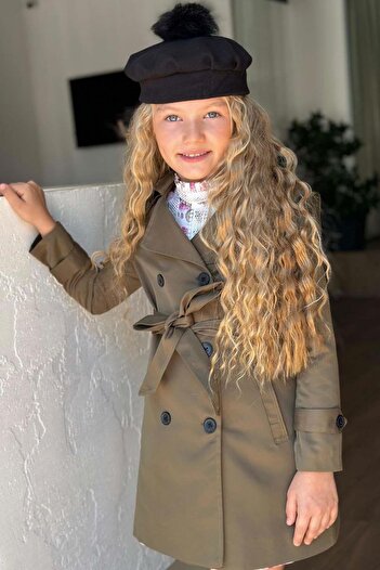 Riccotarz Girl's Lace Embroidered Dress with Double Pocket Detail and Belted Green Trench Coat