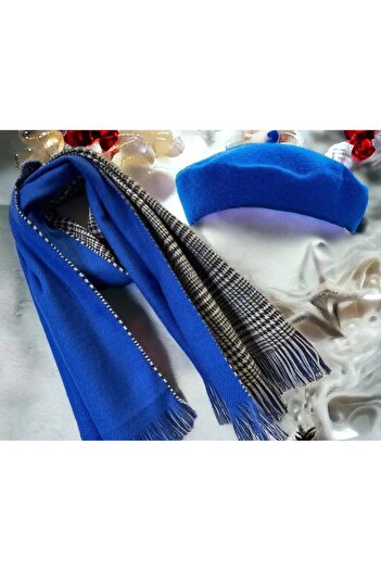 Wearflawless Kadın 2'li Set Mavi Atkı Ve Ressam Beresi Seti, Yılbaşı Hediyesi, Çift Taraflı Atkı, Ressam Bere
