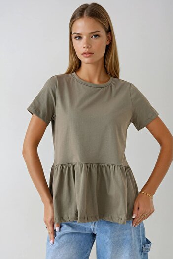 VAGGON Women's Khaki Waist-Length Flared Crew Neck Blouse Vs00960