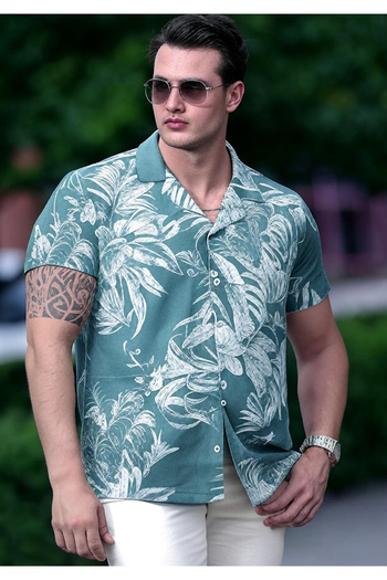 Exve Exclusive Green Hawaiian Leaf Print Cotton Short Sleeve Loose Breathable Lapel Oversized Shirt
