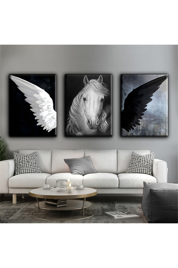 Harikabirev Black-White Horse Wing Painting | 3-Piece Vertical Frameless Canvas Painting Chsdkyknvs