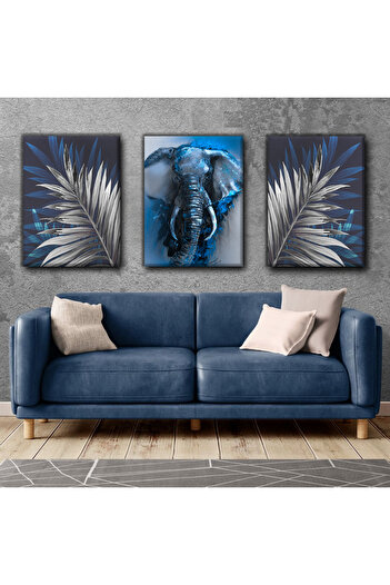 Harikabirev Grey-Dark Blue Elephant Painting | 3-Piece Vertical Frameless Canvas Painting Chsdkyknvs