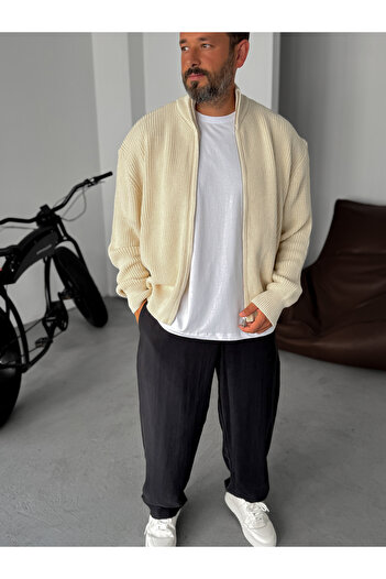 BYBASICMAN Beige Zippered Half Turtleneck Knitted Cardigan Pm-022