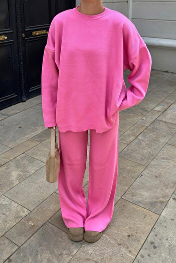 Swist Pembe Bisiklet Yaka Oversize Kazak-Pantolon Örgü Kadın Alt-Üst Takım
