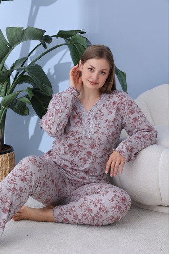 makkash Women's Plus Size Patterned V-Neck Buttoned Long Sleeve Bamboo Pajama Set