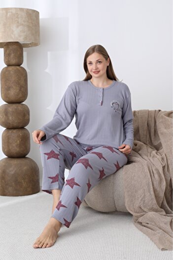 makkash Cotton Blue Battal Women's Large Size Long Sleeve Pajama Set