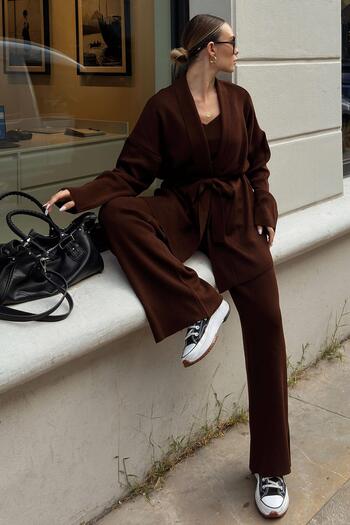 Swist Brown Belted Cardigan-Strappy Crop-Pants 3-Piece Women's Knitwear Set