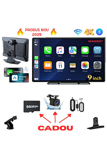 MIANDREE Navigatie Auto Universala 9" Full-Touch IPS HD, CarPlay/Android Auto Wireless