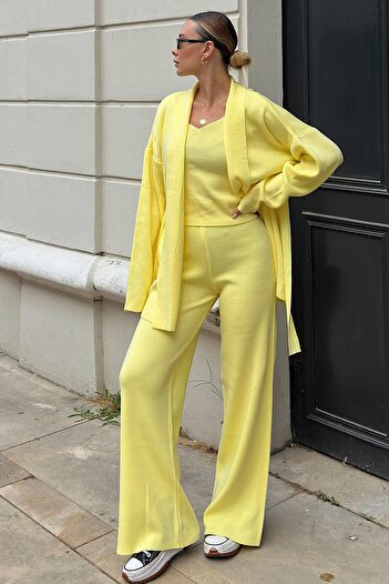 Swist Yellow Belted Cardigan-Strap Crop-Pants 3-Piece Women's Knitwear Set
