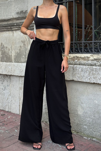 bacc Dark Black Tie-Waist Loose Fit Palazzo Summer Trousers Bcpk-2510000