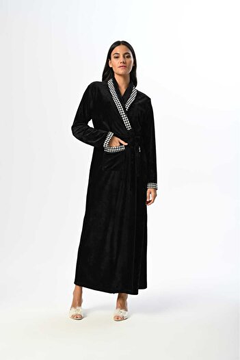 Lohussa Women's Black Velvet Shawl Collar Winter Special Design Dressing Gown