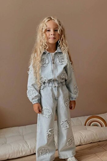 Kidmark Çocuk Modası Girl's Floral Patterned Denim Top and Bottom Set