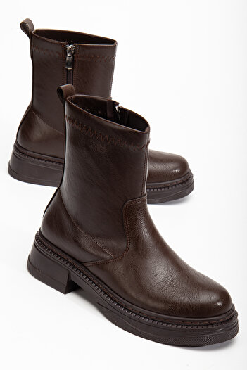 halabi moda Women's Bitter Brown Leather Zippered Stretch Detailed Casual Boots