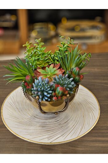 ZETT Artificial Flower Cactus Succulent Arrangement Mixed Model Succulent with Metal Vase