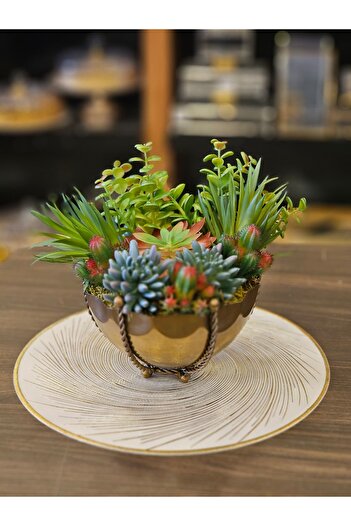 ZETT Artificial Flower Cactus Succulent Arrangement Mixed Model Succulent with Metal Vase