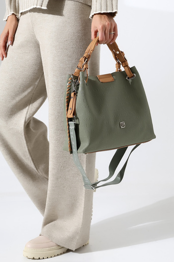 Just Polos Hand Knitted Detailed Green Wide Strap Women's Shoulder and Hand Bag