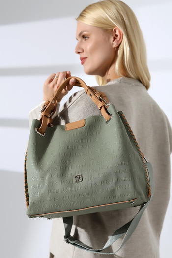 Just Polos Hand Knitted Detailed Green Wide Strap Women's Shoulder and Hand Bag