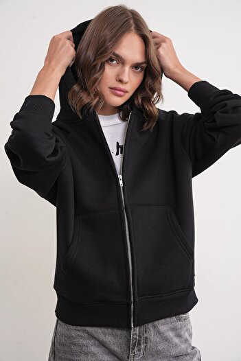 Mixray 2023 Unisex 3-Thread Basic Fleece Zip-Up Sweatshirt Hoodie Black