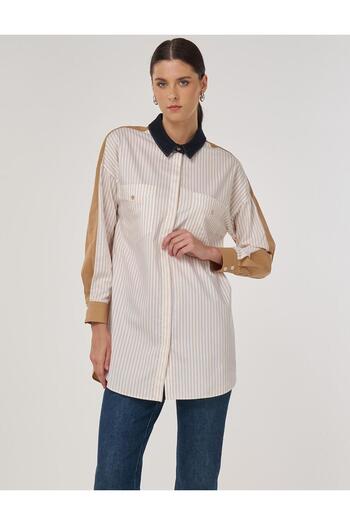 Kayra Color Block Cotton Tunic Beige