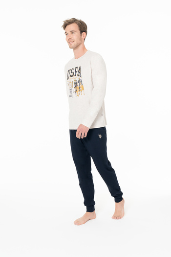 U.S. Polo Assn. Men's Printed Beige Pajama Set with Leg Ties - Beige - Bcp1.18M95C5-Sbej