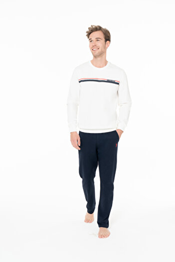 U.S. Polo Assn. Men's Crew Neck Rubber Sleeve Pajama Set Ecru 100% Cotton - Ecru - Astps18H92S5-Dekru