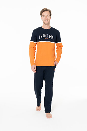 U.S. Polo Assn. Men's Color Block Stripe Detailed 100% Cotton Orange Home Pajama Set - Orange - Bcp1.18I95U2-Gtur