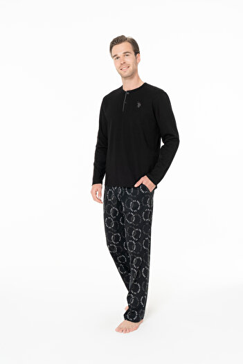 U.S. Polo Assn. Men's Collar Placket Patterned Black 100% Cotton Pajama Set - Black - Bynva18E97M1-Usi