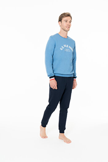 U.S. Polo Assn. Erkek %100 Pamuklu Bisiklet Yaka Mavi Ev Stil Pijama Takımı - Mavi - SELKR18K94Y3-MMAVI