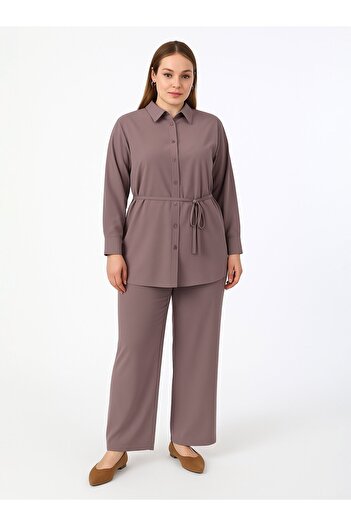 ALİA Buttoned Tunic Trousers Plus Size Suit with Tie Detail - Mink -