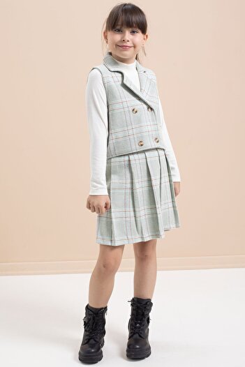 Cansın Mini Mint Plaid Patterned Button Detailed Jacket Girl's 2 Piece Set 21542