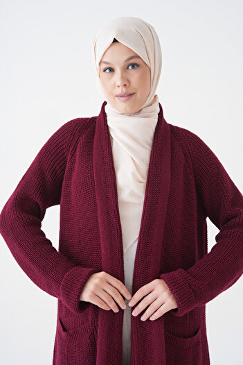 vuvutasarım Women's Knitwear Fabric Double Pocket Detailed Shawl Collar Long Burgundy Hijab Clothing Cardigan 5001
